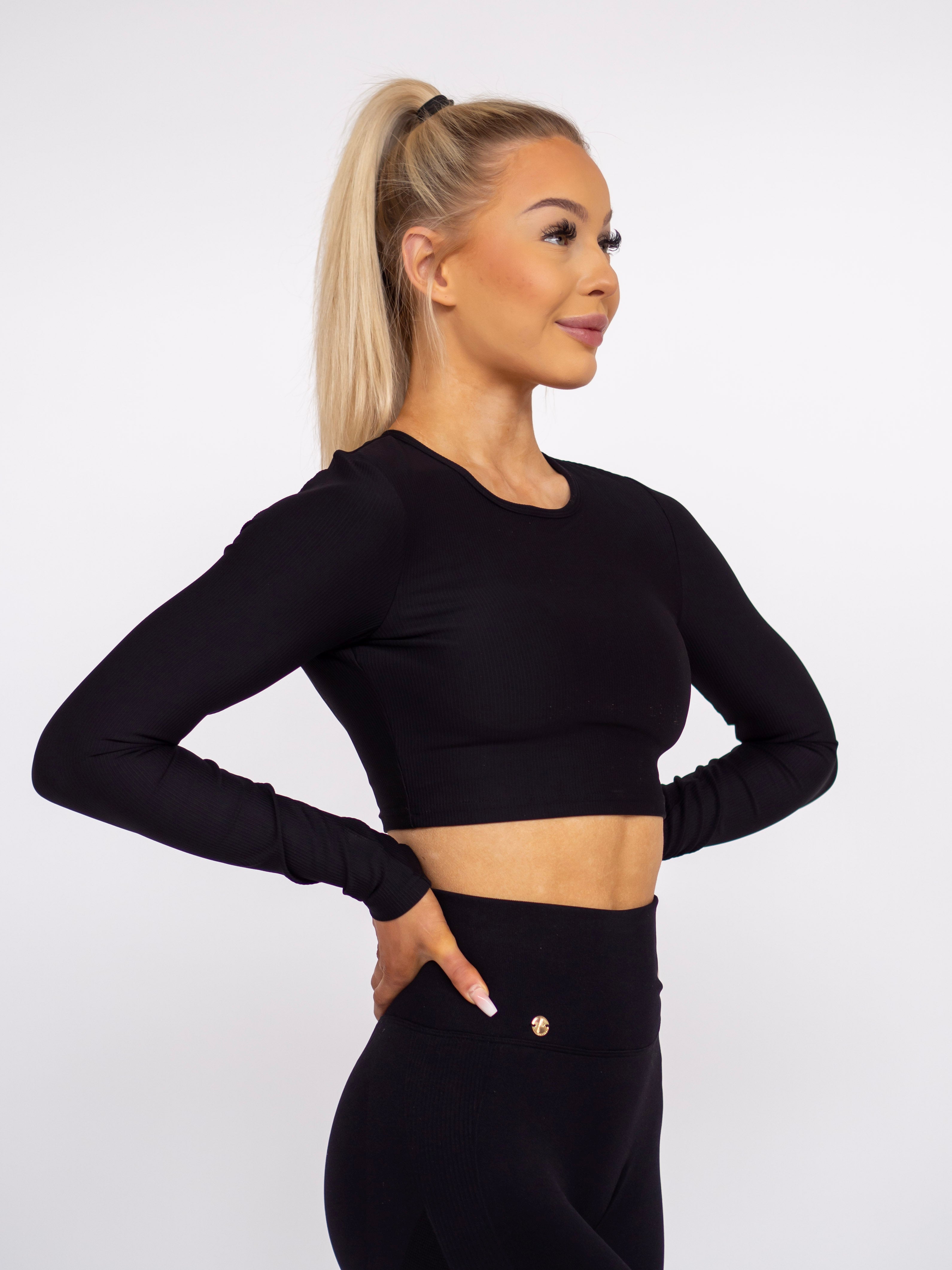 Open Back Long Sleeve Crop Top - Black