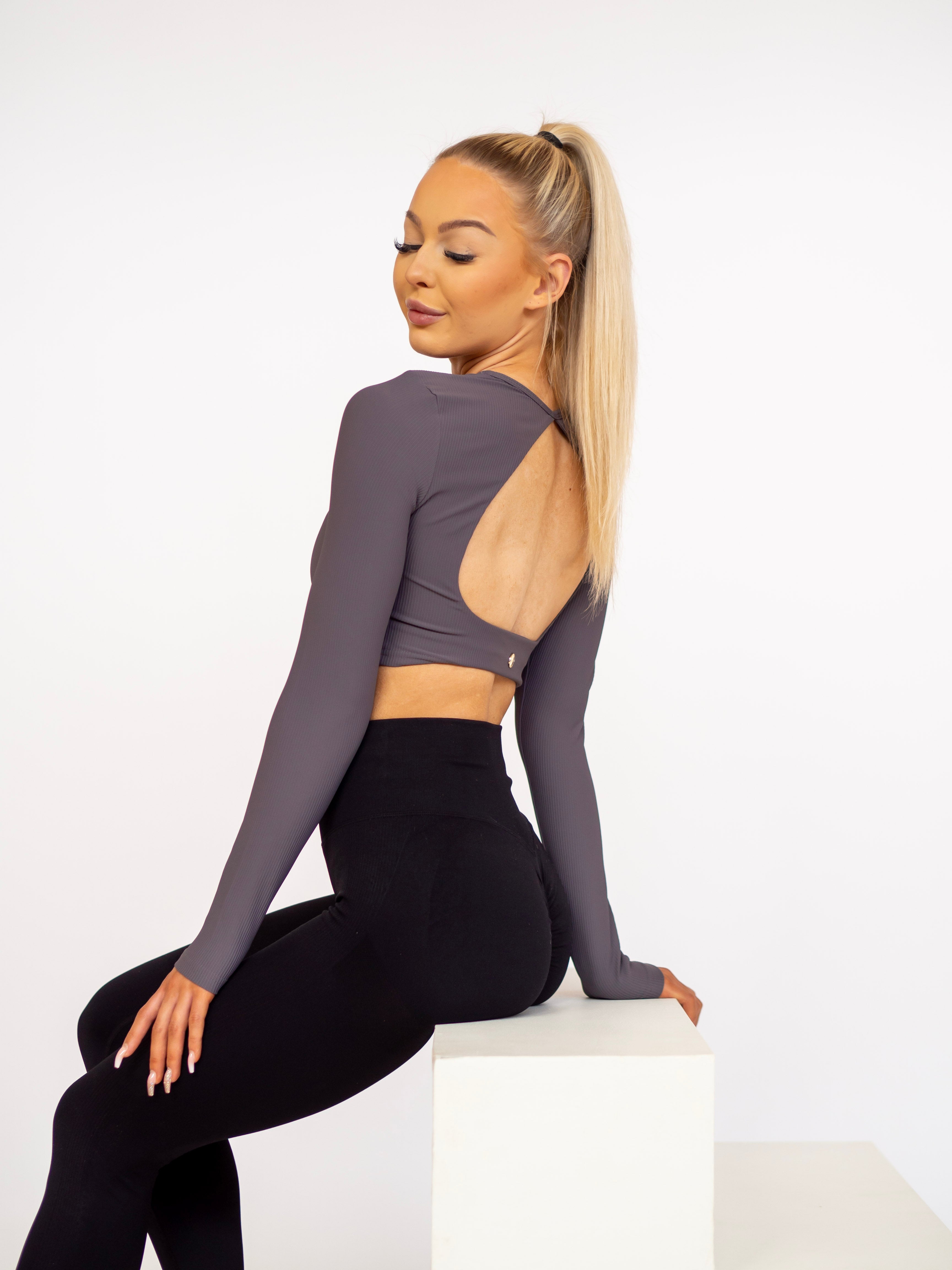Open Back Long Sleeve Crop Top - Grey