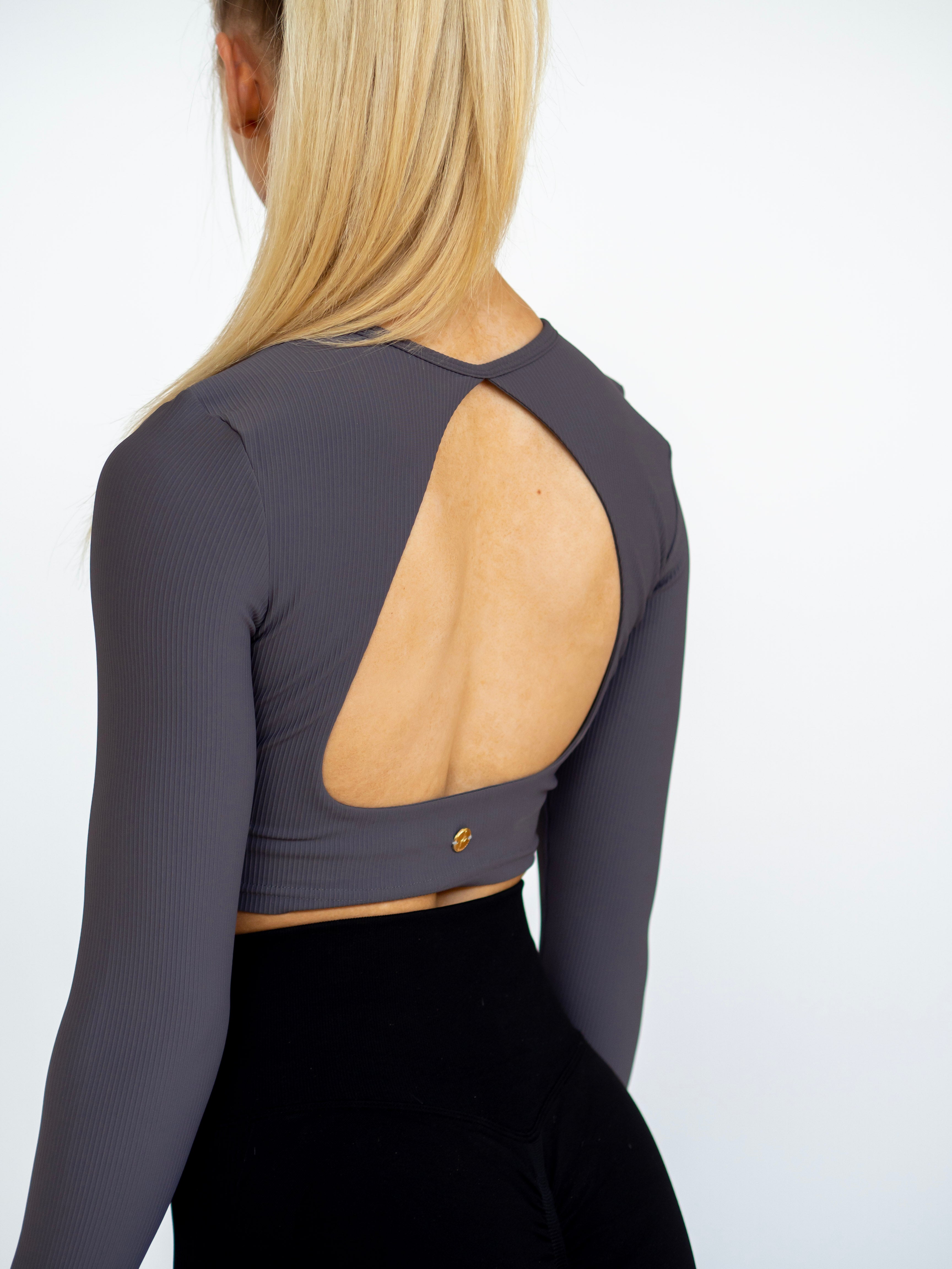 Open Back Long Sleeve Crop Top - Grey