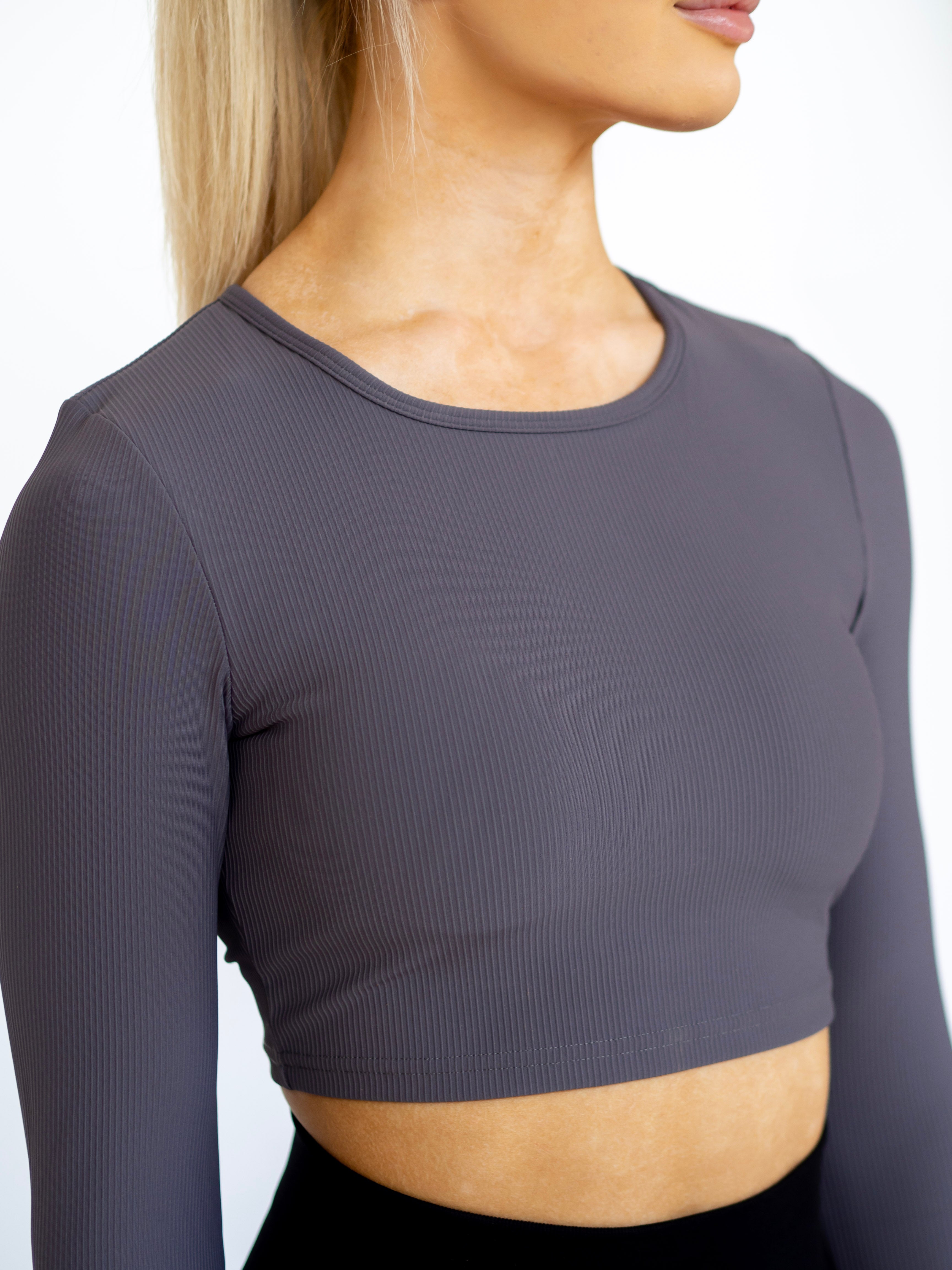 Open Back Long Sleeve Crop Top - Grey